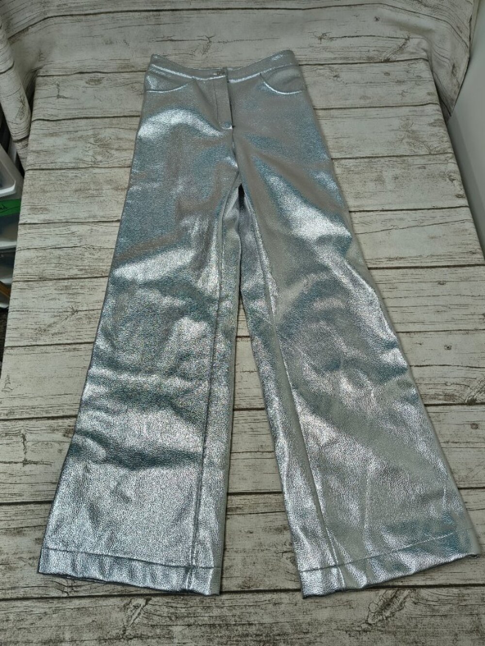 LAAGAM Studio54 High Waist Vegan Leather Wide Leg Silver Pants Size 34